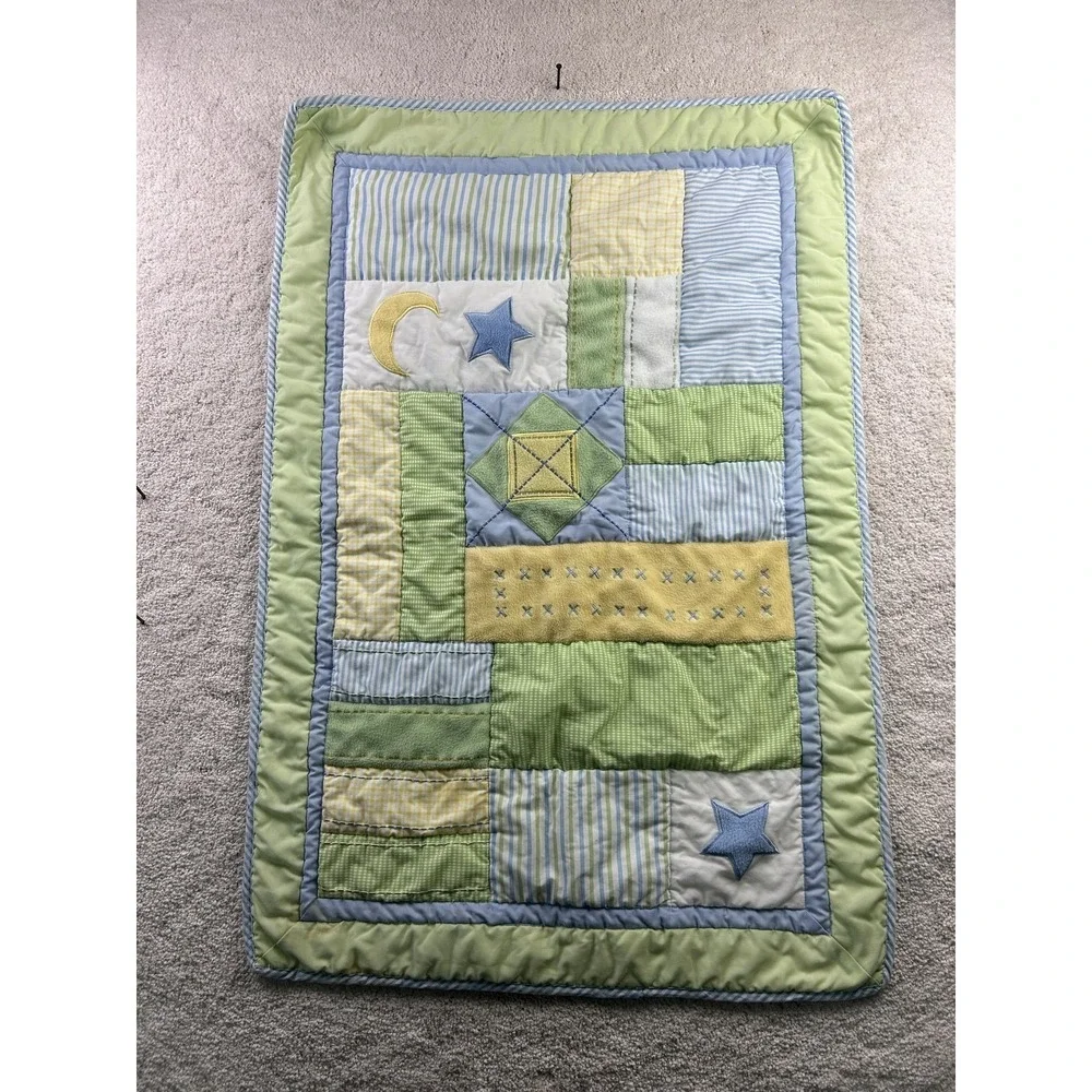 Baby Crib Quilt Blanket Patchwork Stars Moon‎ Applique Reversible Pastel Nursery